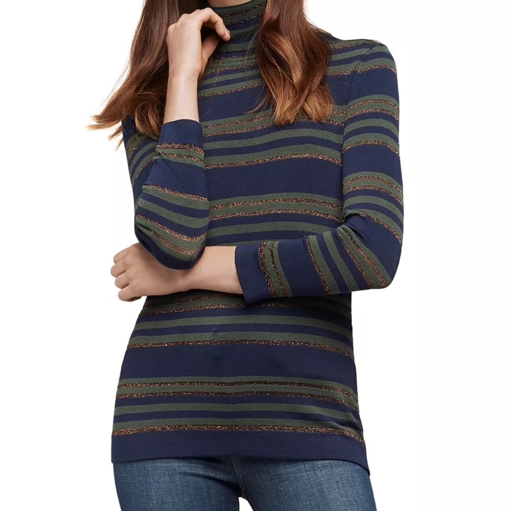 L'agence Harlee Turtleneck Sweater Large Blue Green Metallic Stripe Stretch Knit